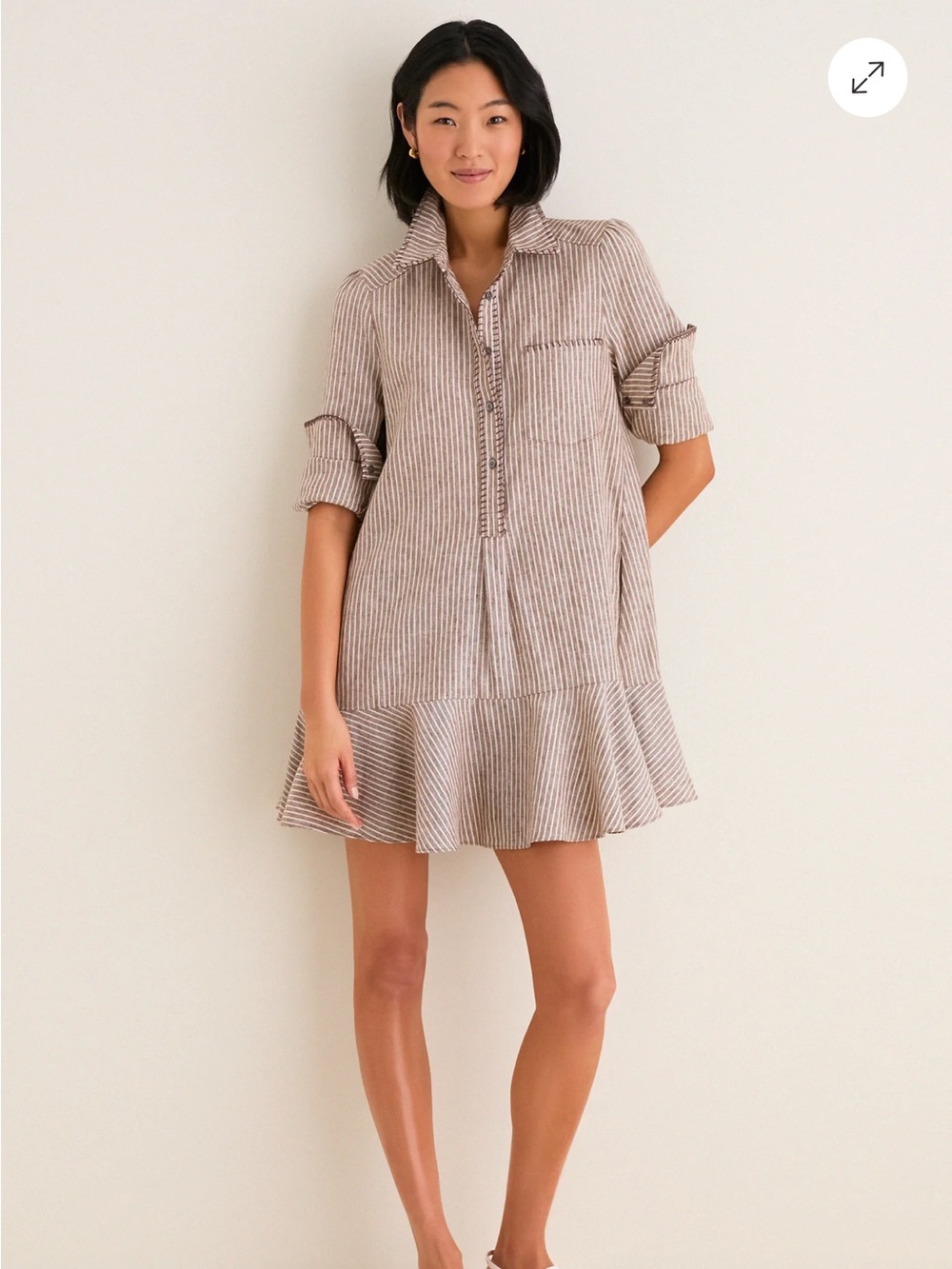 Pomander Place Beige and White Striped Ruffle-Hem Shirt Dress